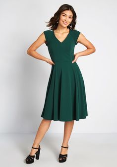 Date Night Done Right A-Line Dress - When your love offers to take you anywhere you wish, you let this green dress dictate the flavor of the evening. The V-neckline, princess seams, cute cap sleeves, and updated stretch knit fabric of this textured, ModCloth label darling could mean anything from a romantic dinner to dancing lessons! Cute Cap, Plus Size Vintage Dresses, Work Dresses For Women, Mod Cloth Dresses, Aline Dress, Going Out Outfits, Satin Slip Dress