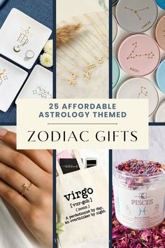 zodiac gift ideas for astrological lovers and their zodiac signs are on display in this collage