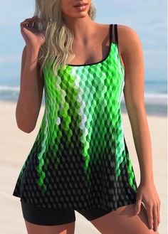 Color:Green;Size:S;Size:M;Size:L;Size:XL;Season:Summer;Bra Style:Padded;Occasion:Beach;Color Scheme:Green;Pattern Type:Geometric;Washing Instructions:Hand Wash;Composition:82% Polyester, 18% Spandex;Bottom Type:Shorts;Style:Vacation;Package Contents:1 X Top , 1 X Shorts;Strap Style:Adjustable;Pad Style:Removable;Support:Wire Free; Beach Color Schemes, Summer Bra, Maaji Swimwear, White Bikinis, Swimming Outfit, Tankini Set, Green Pattern, Bra Styles, Geometric Print