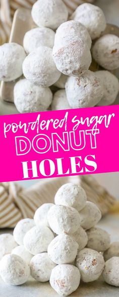 white chocolate donut holes are stacked on top of each other with pink text overlay