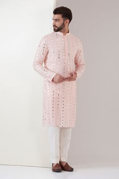 Buy Pink Georgette Embroidered Mirror Kurta And Pant Set For Men by Kasbah Online at Aza Fashions. Mirror Work Kurta For Men, Mirror Work Kurta, Mirror Embroidery, Anita Dongre, Tarun Tahiliani, Pink Mirror