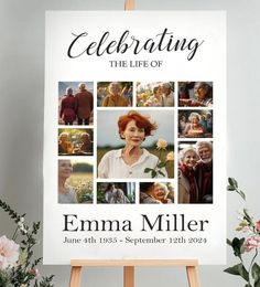 an easel with a sign that says celebrating the life of emma miller