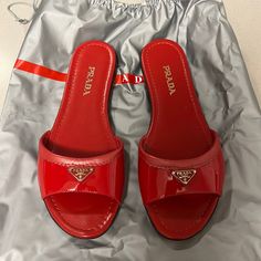 Prada Fire Red Flats. Never Worn. Cute To Pair With A Casual Or Classy Outfit. In Perfect Condition. Luxury Red Slip-on Sandals, Luxury Red Flat Sandals, Prada Slides, Patent Leather Ballet Flats, Floral Flats, Red Flats, Buckled Flats, Patent Leather Loafers, Ballet Fashion