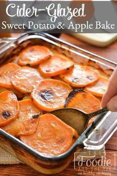 a close up of food in a pan on a wooden table with text above it that reads cider - glazed sweet potato and apple bake