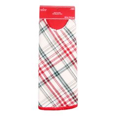 a red and white plaid bib with a pocket for the bottom section, on a white background