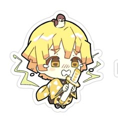 an anime character with blonde hair holding a sticker