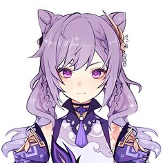 an anime character with purple hair and cat ears, holding her hands in her pockets