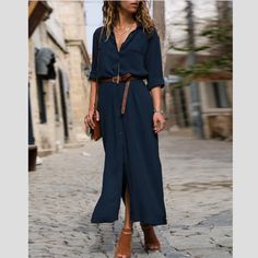 Brand New Navy Blue Button Down Shirt Style Maxi Dress. Never Worn, Excellent Condition. Does Not Come With The Belt Shown In The Stock Photo. Size L, Could Also Fit An Xl. Bust: 44" Length: 54" Skur1278 Sukienki Maksi, Button Shirt Dress, Dress Sleeve Length, Collared Shirt Dress, Lady Dress, Autumn Casual, Belted Shirt Dress, Half Sleeve Dresses, Turndown Collar