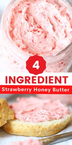 strawberry honey butter in a jar with the title overlay above it and below photo