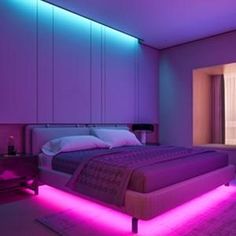 a bedroom with purple lighting and a large bed