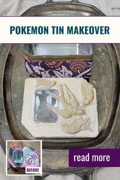 an old metal tray with some items on it and the words pokemon tin makeover