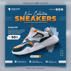 an advertisement for sneakers is displayed on a blue and white background with the words, new collection sneakers