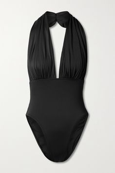 Norma Kamali designs flattering, body-conscious swimwear like this 'Mio' one-piece. Made from black stretch fabric, it has a plunging neckline and wide, ruched panels that form a halterneck silhouette with a dramatic open back. The high-cut legs create an elongating effect. Norma Kamali Swimwear, Bodycon Gown, One Piece Swimsuit Black, Halter Neck Swimsuit, Swimsuit Black, Black Halter, Norma Kamali, Swimsuits Halter, Black Swimsuit