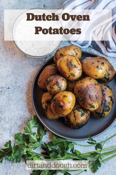 some potatoes on a plate next to a bowl of ranch dressing