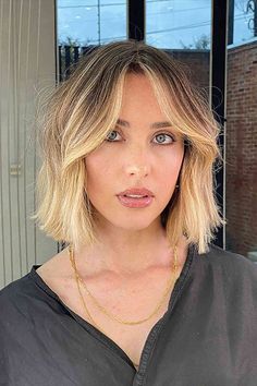 Chic Blunt Bob with Curtain Bangs and dark roots Centre Parting Bob With Bangs, Blonde Balayage Bob With Bangs, Bob Hairstyles Curtain Bangs, Bob Hair Cuts With Bangs, Hairstyles To Hide Bangs, Blonde Bob With Fringe, Hairstyles Curtain Bangs, Chocolate Brunette Hair Color, Bob 2023