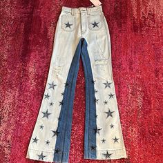 Brand New! Bought From Someone Else, But They’re Too High Rise For Me. I Have A Short Torso And They Go Up To My Ribs Which Is Uncomfortable For Sitting. High Waist Blue Jeans With Star Print, Blue High Waist Star Print Jeans, Blue High Waist Jeans With Star Print, Blue Jeans With Star Print For Summer, Blue Star Print Jeans For Summer, Summer Blue Jeans With Star Print, Fitted Cotton Bottoms With Star Print, Fitted Denim Bottoms With Star Print, Low Rise Bell Bottom Jeans