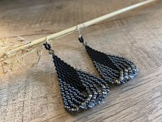 Black and Gunmetal Beaded Earrings - Etsy Black Beaded Earrings, Beaded Teardrop Earrings, Beaded Earrings Native, Beaded Earrings Diy, Ghost Earrings, Beading Jewelery, Beaded Jewellery, Beaded Earrings Patterns, Classic Earrings