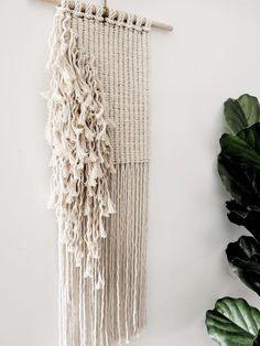 a white wall hanging with tassels on it next to a green leafy plant