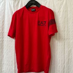 Emporio Armani Ea7 T-Shirt. Tan Crew Neck T-shirt With Logo Print, Tan Crew Neck Top With Logo Print, Tan Crew Neck Shirt With Logo Print, Red Crew Neck Tops With Logo Print, Red Short Sleeve Shirt With Logo Print, Armani Shirts, Armani Tshirt, Emporio Armani, Black Red