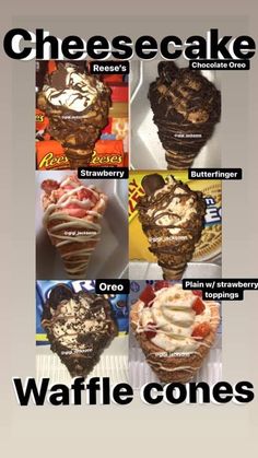 the cover of cheesecake waffle cones is shown in four different colors and sizes