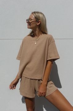 Summer Lounge Wear, Waffle Fabric, Sweat Top, Tee Set, Neutral Outfit, Boyfriend Tee, Retro Inspired, Working From Home