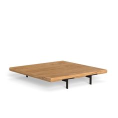 a wooden table with black legs and a square surface on the bottom, against a white background