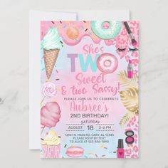 a pink and blue birthday party card with donuts, ice cream, and sprinkles