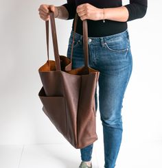 OVERSIZED LEATHER TOTE BAG - LEATHER SHOPPING BAG - LARGE TOTE This Leather Handbag is made of full grain, high quality natural leather. It's is very roomy - perfect for school, work and travel - great option as your everyday bag. Large interior provides a lot of space for all the daily essentials (books, cosmetic bag, accessories, laptop and other electronic devides, clothes and more). Inside the shopper bag there is an additional pocket with zipper for other small items. There is also large po Large Shopper Bag, Slouchy Tote, Large Leather Tote, Everyday Tote, Tote Bag Leather, Daily Essentials, Large Tote Bag, Womens Purses, Shopper Bag