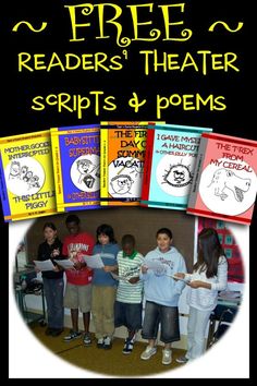 children standing in front of some books with the title free readers'theater scripts for 4 poem