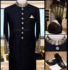 Glam up your event with elegant #black Jamawar Sherwani with classic embellishments, specially customized for big day. Exclusively Available for #Customized orders at Uomo Attire #Bespoke #MTM #CustomMade #Madetomeasure #Mens #Suit #PrinceCoat #Tuxedo #Menswear #style #fashion #Sherwanidesign #Luxury #Wedding #Waistcoat #Groom #custom #checksuit #weddingsuit #Royal #Tie #weddingdress #Weddingdresses #formalsuiting Kurta Designs Men's, Black Sherwani, Formal Menswear, Indian Groom Dress, Groom Sherwani, Sherwani For Men Wedding, Prince Coat, Groom Dress Men, Gents Kurta Design