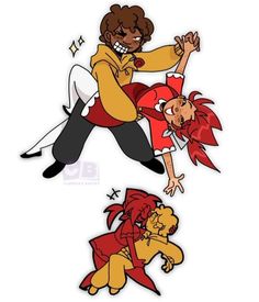 two cartoon characters, one is dancing and the other has a lion on his back