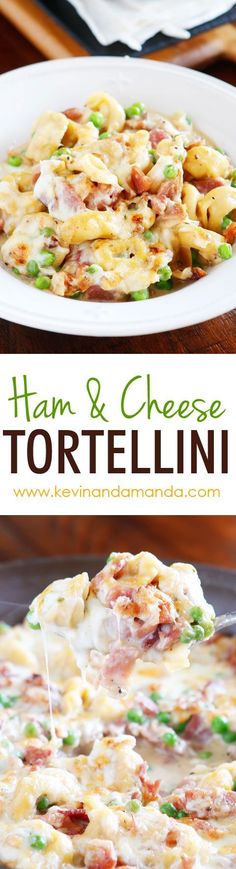 ham and cheese tortellini in a skillet on a wooden cutting board with text overlay