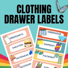 clothing label labels with clothes on them and a bird flying in the sky above it