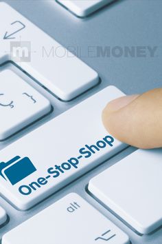 a hand is pressing the button on a keyboard that says onestop - shop,