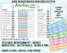 the kids's bucks reward system includes money, bills and other items