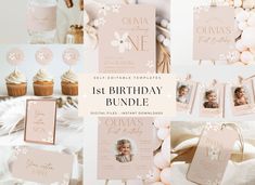 the first birthday bundle includes pink and white decorations