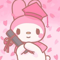 a cartoon bunny holding a chocolate bar in her hand and wearing a pink hat on top of it's head