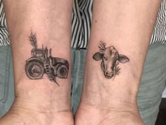 two people with matching tattoos on their arms, one has a tractor and the other has a cow