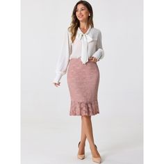 The lace skirt for women, with an elastic waist, ruffle hem, knee length, lace fabric, solid color, casual style, side zipper design, and high waist, is easy to wear. Pair with a formal or casual button-down shirt, T-shirt, high heels, flat shoes, sandals, platform, boots, hats, bags, and so on for a fashionable look. It's suitable for daily life, hanging out, work, office, indoor or outdoor, vacation, street, party, beach, and even casual wear. Bodycon Pencil Skirt, Lace Midi Skirt, Outdoor Vacation, Sandals Platform, Street Party, Skirt For Women, Slip Skirt, Work Office, Ruffle Skirt