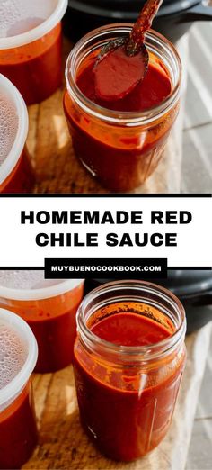 homemade red chile sauce in jars with spoons on the side and text overlay reading homemade red chile sauce