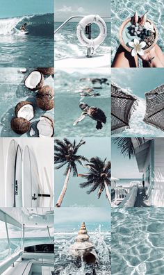 a collage of photos with coconuts and other things in the water, including an umbrella