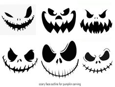 halloween pumpkins with scary faces and fangs on their mouths, all in black and white