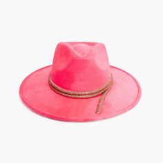 Hot Pink Short Brim Rancher Fedora Hat by AB.LINO A part of the Renaissance Collection. Hand-made from stiffened Mexican suede with a rigid brim and crown, this style is designed to hold its shape through thick and thin. Accessorized with crystal rope and star and pearl-studded underbelly. Made from stiffened Mexican suede Spot / specialist clean Brim width: 4″ / 10.16 cm Crown height: 4″ – 4.75″ Rigid crown design Please note: due to the color and nature of the suede dyeing process, some flecki Hot Pink Shorts, Crown Heights, Crown Design, Pink Hat, Dyeing Process, Fall Favorites, Wide Brimmed Hats, Fall Shopping, Fedora Hat