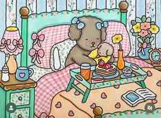 a painting of a teddy bear eating cake on a bed