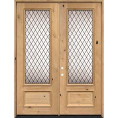 a wooden door with two glass panels on the front and side doors, both in light wood