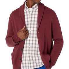 Goodthreads Men's Soft Cotton Shawl Cardigan Sweater Size: X-Small Color: Burgundy Casual Wool Cardigan With Shawl Collar, Casual Cotton Cardigan With Shawl Collar, Casual Wool Sweater With Shawl Collar, Fall Cotton Sweater With Shawl Collar, Casual Wool Outerwear With Shawl Collar, Classic Red Cotton Cardigan, Burgundy Cotton Sweater For Fall, Casual Red Cardigan With Pockets, Casual Red Cotton Cardigan