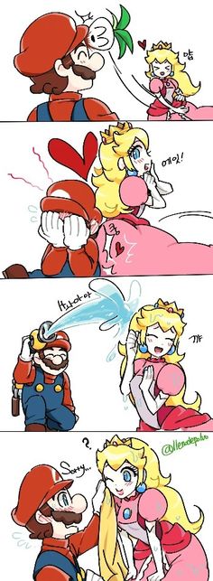 mario and princess peach are talking to each other in the same comic strip, one is holding