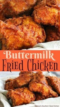 buttermilk fried chicken in a basket with text overlay