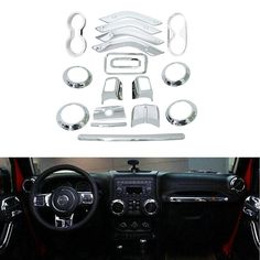 the interior of a car is shown with chrome trims and steering wheel cover options