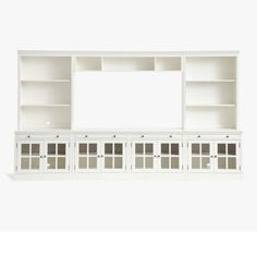 a white bookcase with glass doors and shelves on each side, against a white background